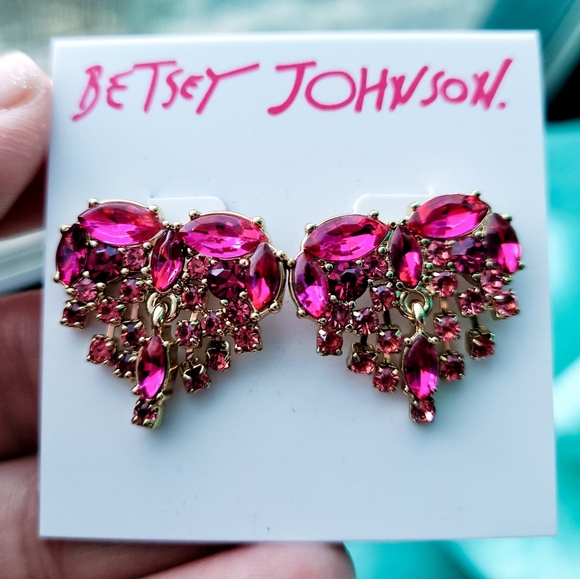 Betsey Johnson Jewelry - Betsy Johnson Heart Stone Fringe Button Earrings